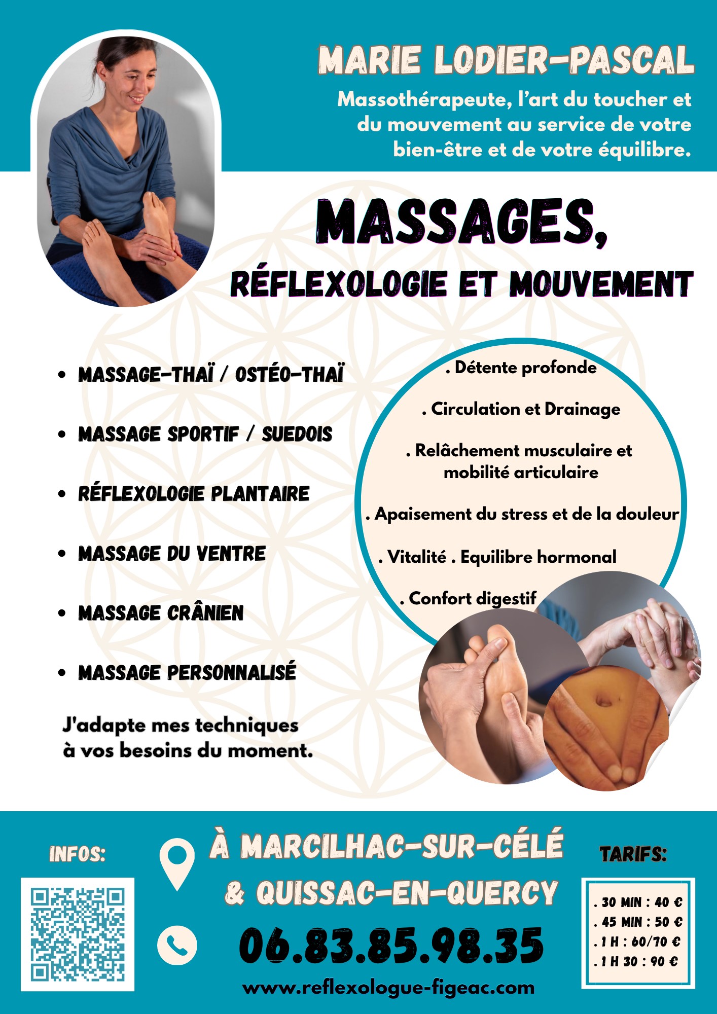 Marie LODIER-PASCAL, Massothérapeute, Réflexologie, Massages & Mouvement, Massage-Thaï, Massage Sportifs, massage Suedois, massage deep-tissus Deep-Tissu, massage du ventre, massage viscéral, massage crânien, Détente et bien-être, . Détente profonde. Circulation et Drainage. Relâchement musculaire et mobilité articulaire. Apaisement du stress et de la douleurs . Vitalité . Equilibre hormonal . Confort digestif